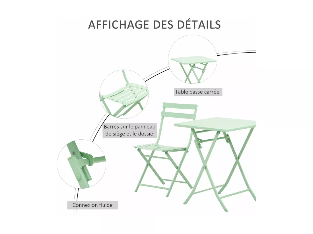 Salon de jardin bistro pliable - table carrée dim. 60L x 60l x 71H cm avec 2 chaises - métal thermolaqué vert d'eau