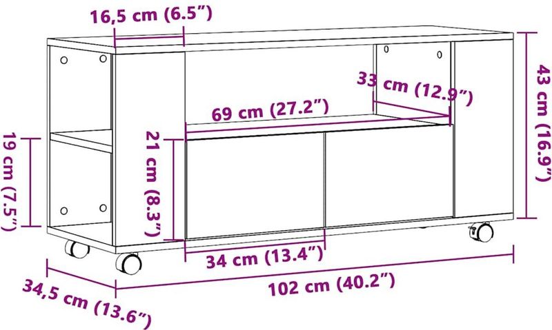 vidaXL Tv-meubel - Hout - Artisanaal Eiken - Met Wielen - 102 cm