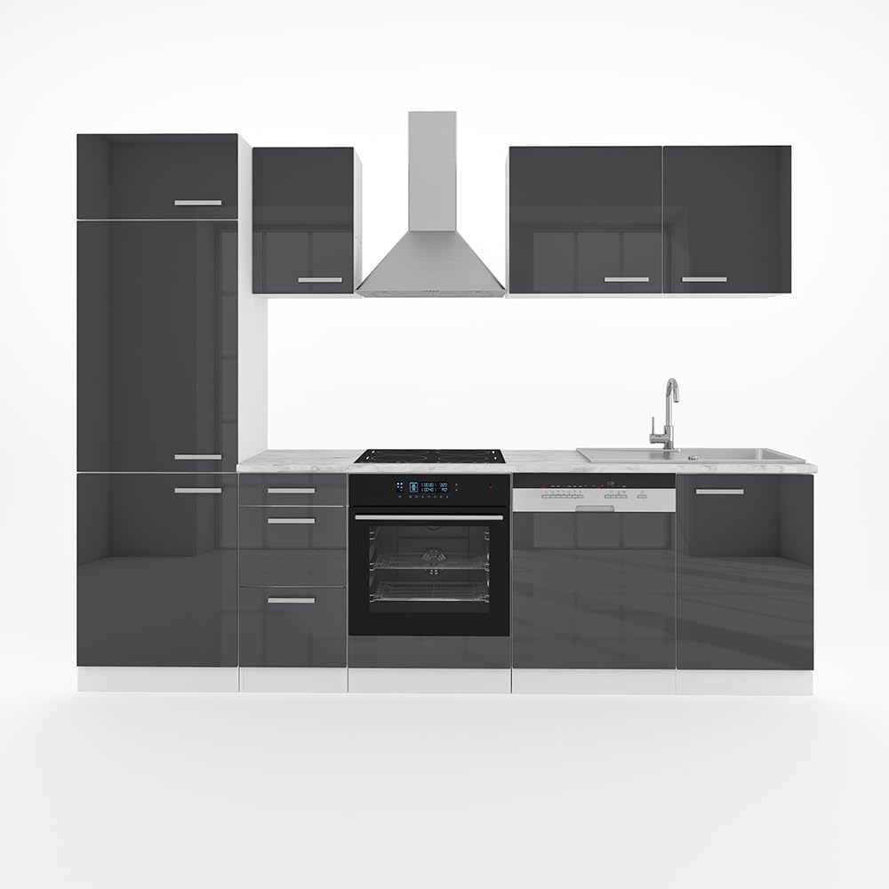 Vicco Küchenzeile Optima, Anthrazit Hochglanz/Weiß, 270 cm ohne Arbeitsplatte mit LED-Leisten