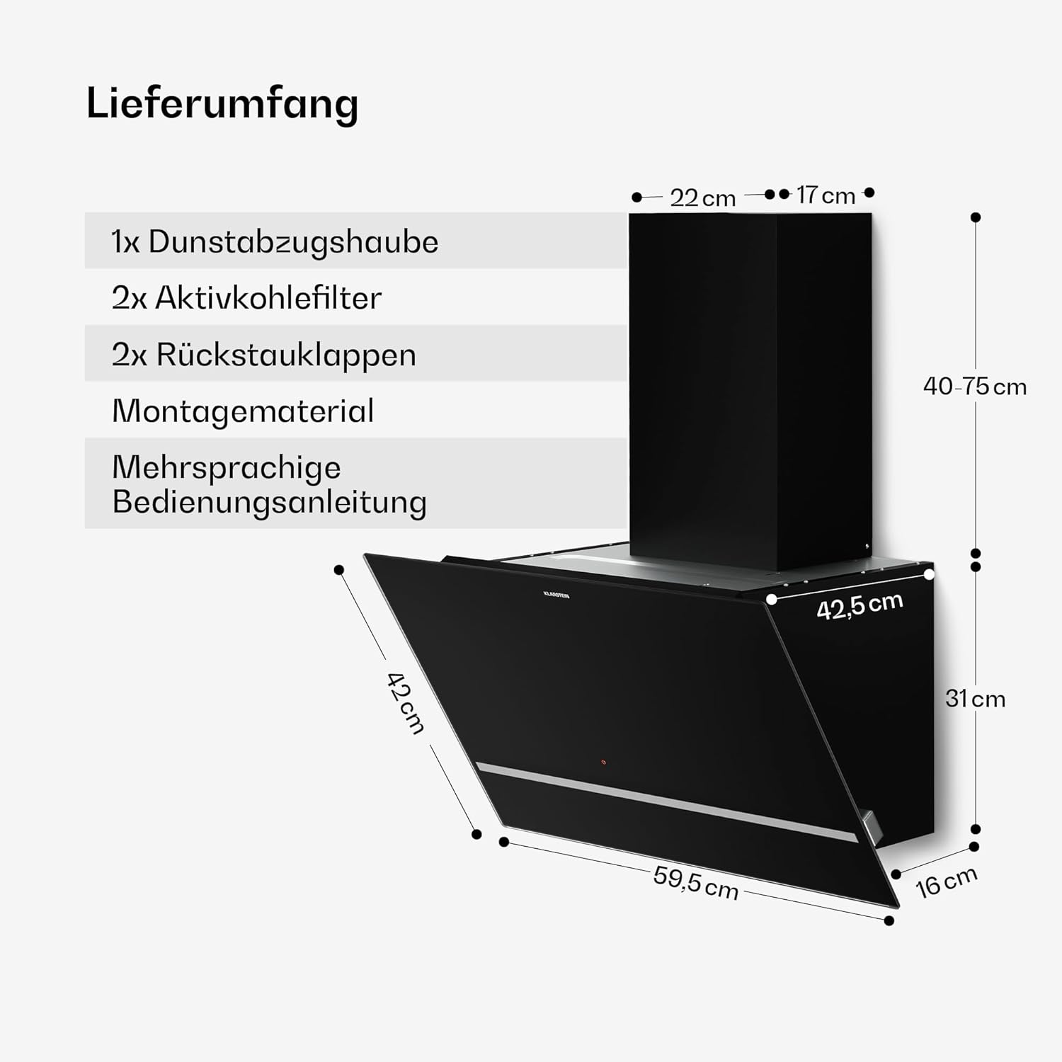 Klarstein Illuminosa Abzugshaube 60 cm - Kopffreihaube, 818 m³/h Boost, Touchpanel, LED-Beleuchtung, A++ Energieeffizienz, Umluft & Abluft, leise, Aluminium- & Kohlefilter