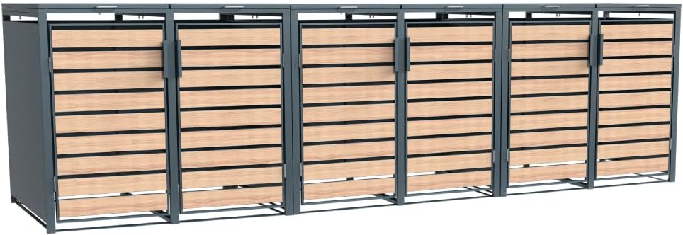 Westmann Metall Mülltonnenbox Lacina 6x240 L Anthrazit Holzoptik Mülltonnen Verkleidung mit Gasdruckfedern Pulverbeschichteter Stahl Wetterfest & stabil Klappdeckel & Fronttüren