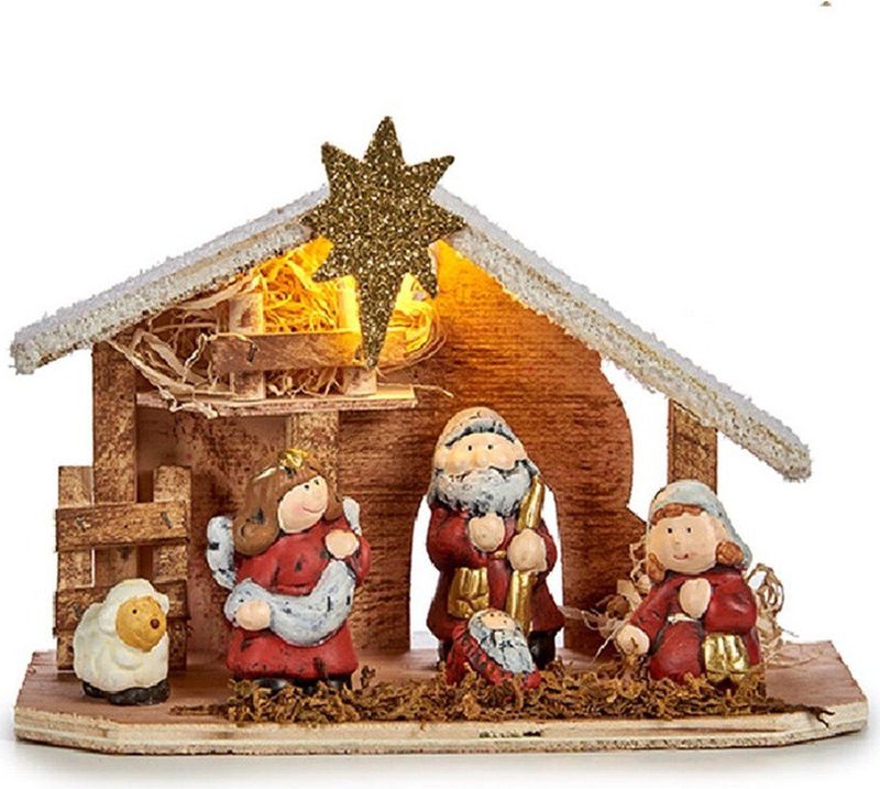 Krist+ Complete verlichte kerststal - met beeldjes - L22,5 x B8,5 x H18,5 cm -kerststal kinderen