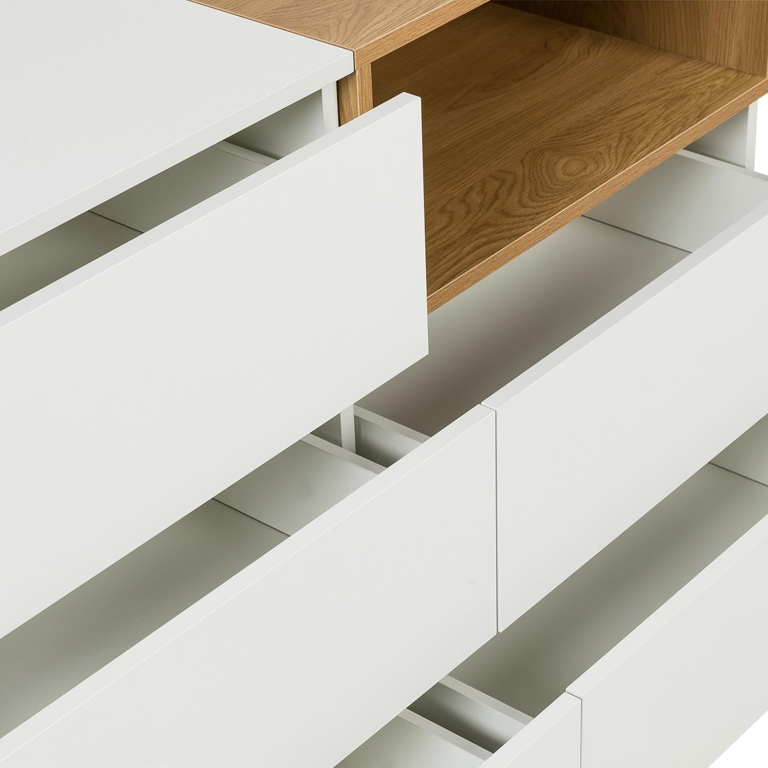Sideboard mit 5 Schubladen 120x40x76 cm MELMO S Schubladenkommode im skandinavischen Stil, griffloses Design, Weiß/Eiche