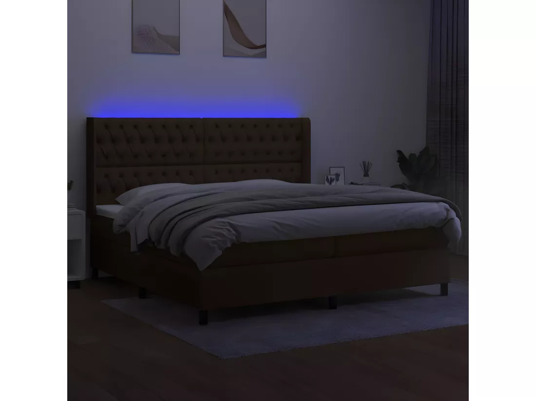 Sommier tapissier matelas et LED Marron foncé 200x200 cm Tissu
