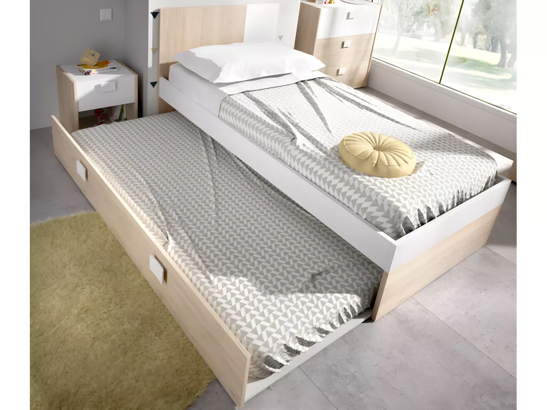Lit gigogne 2 x 90 x 190 cm - Coloris : Naturel et blanc + matelas + sommier - SONIA