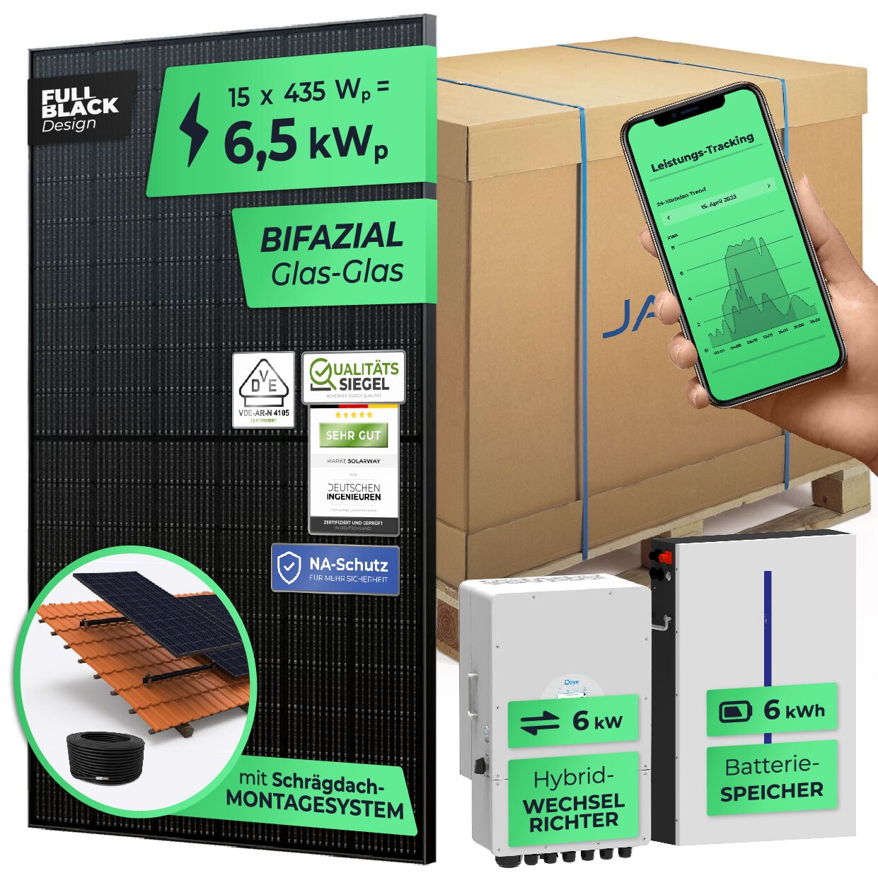 SOLARWAY 6,5kW Solaranlage mit Speicher | Deye 6 kW | Bifazial inkl. Montagesystem, App & WiFi