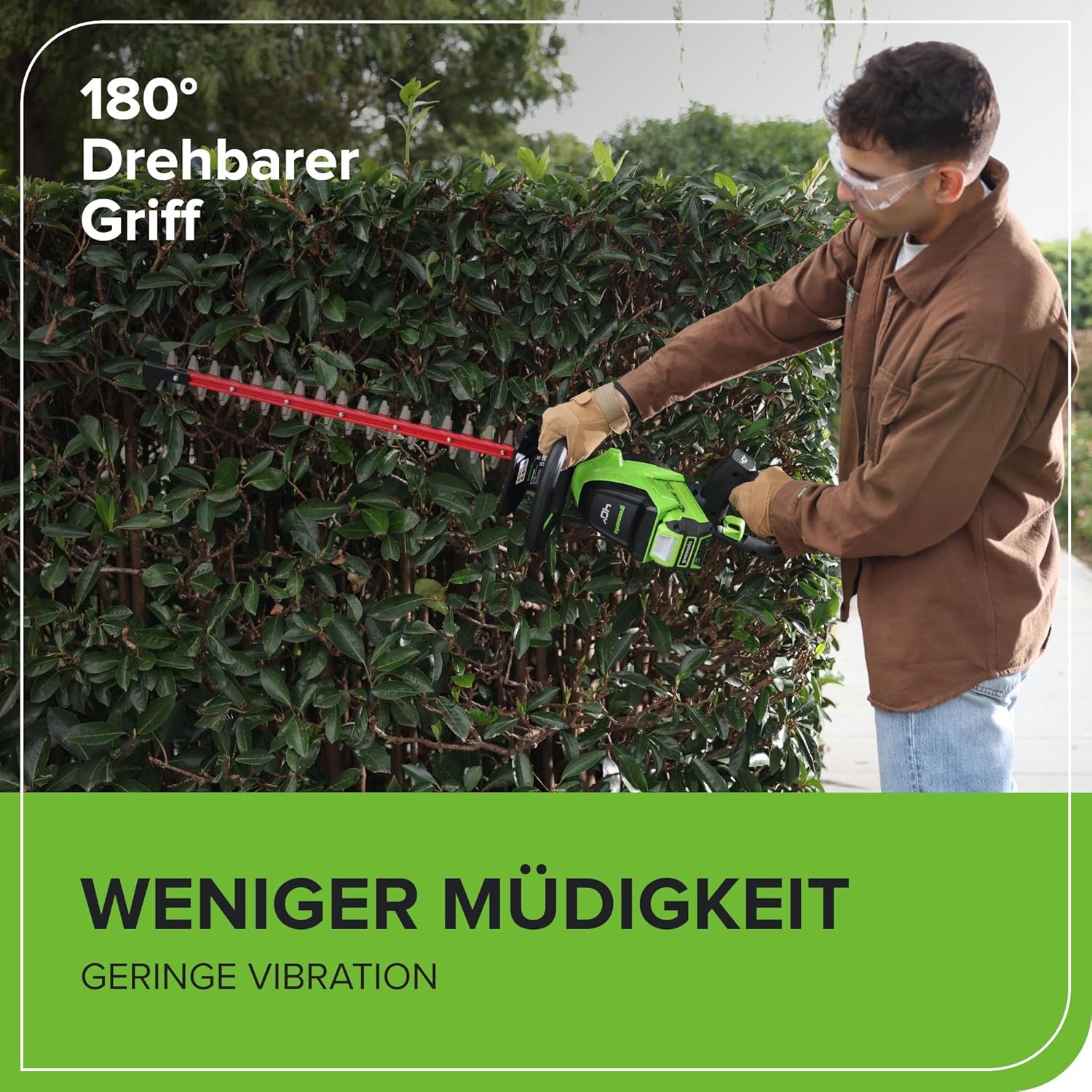 Greenworks Akku Heckenschere 66cm Dual Action Klinge, bürstenloser Motor Schneidet bis zu 28 mm Dicke Äste und Stämme, 3400 SPM OHNE 40-V-Akku und Ladegerät GD40HT66