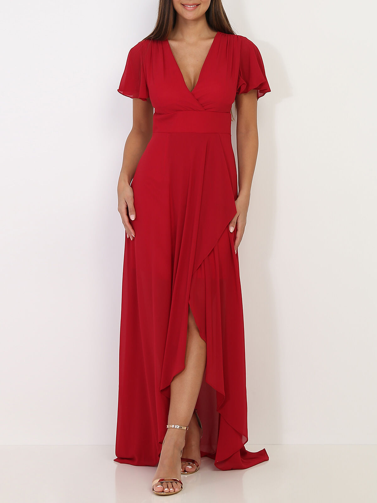 Robe portefeuille à manches papillons- Cerise