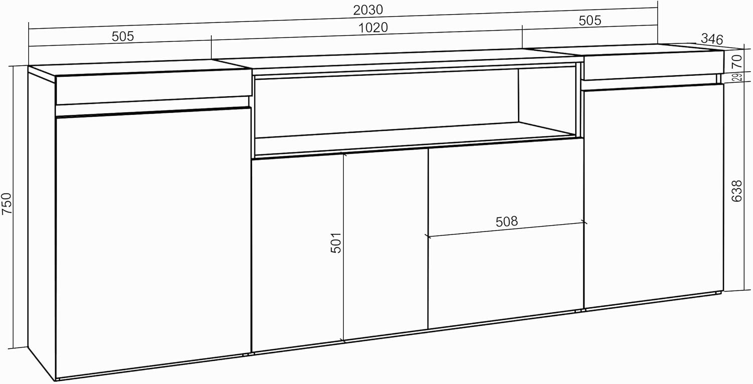 Skraut Home | Sideboard, Highboard | Kommode, Komodenschrank | 200x75x35cm | 4 Türen | Elektrokamin. Maße | Moderner Stil | Schwarz