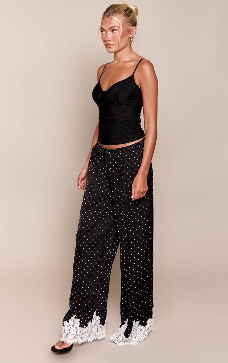 Noir Pantalon À Pois En Satin Avec Ourlet En Dentelle