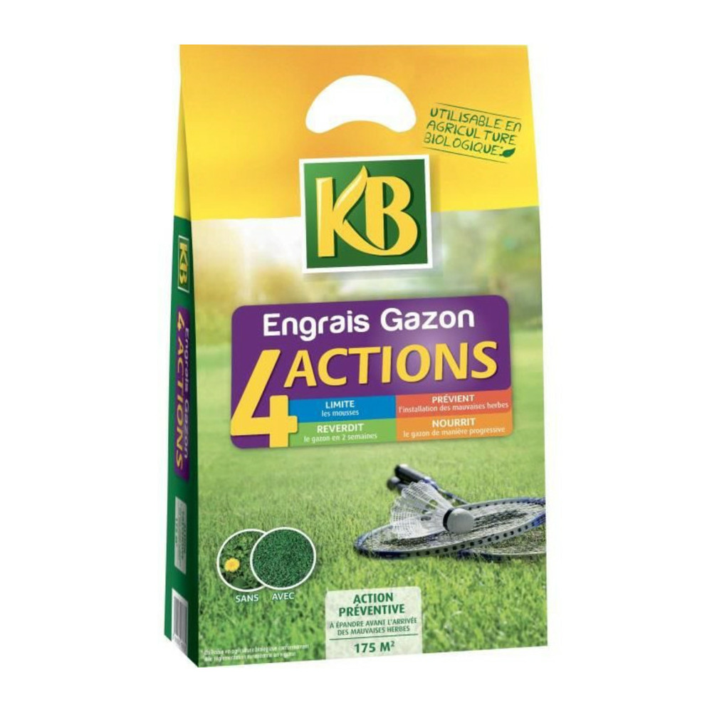 Engrais a gazon k4mp - 4 actions - 7 kg - limite les mousses - prévient les mauvaises herbes - surface 280m²