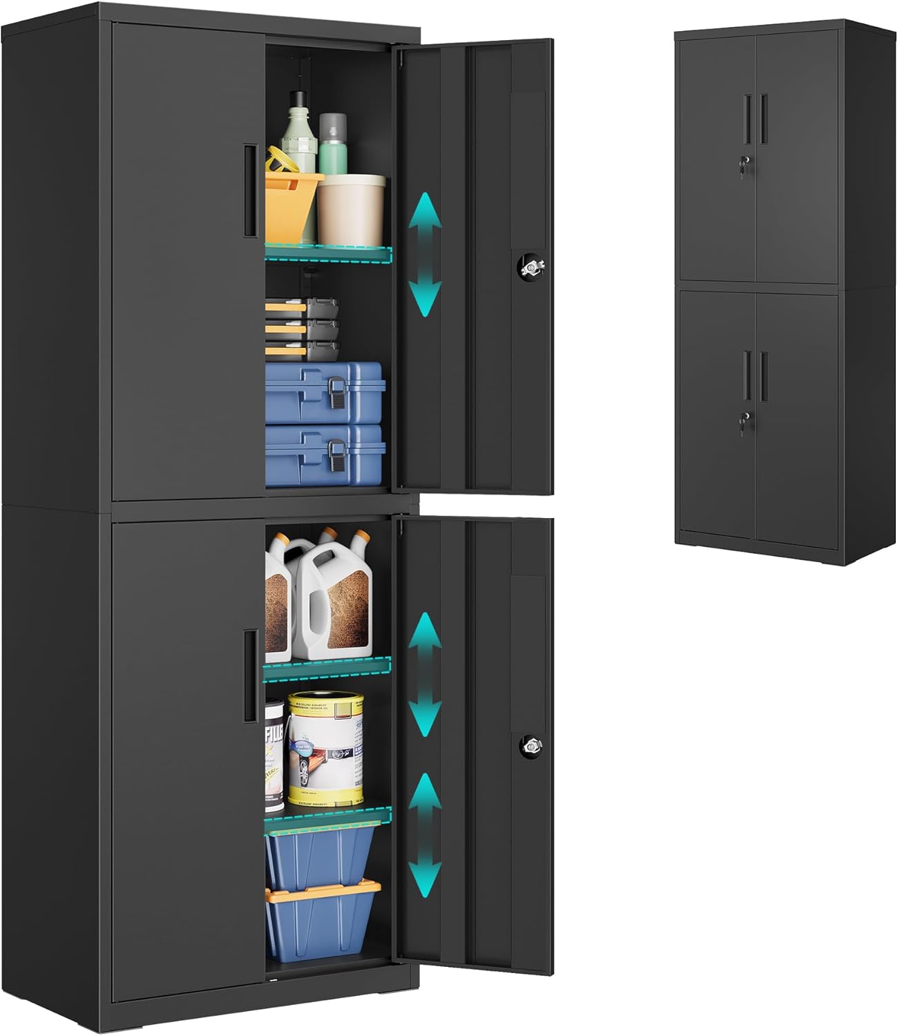 SONGMICS Aktenschrank, Mehrzweckschrank, Büroschrank, mit 4 Türen und 5 Ebenen, 40 x 60 x 180 cm, 2 Schlösser, verstellbare Ablagen, Aufbewahrungsschrank aus Stahl, Mattschwarz OMC017BD01