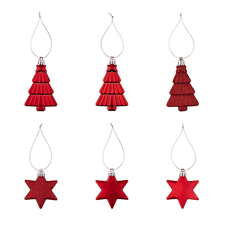Assortiment 12 boules de noel étoiles sapin couleur rouge à suspendre
