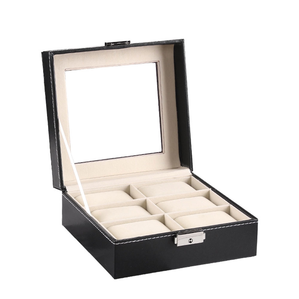 (6 Slots) Uhrenbox Schmuckschatulle Organizer mit Glasdeckel - Schwarz