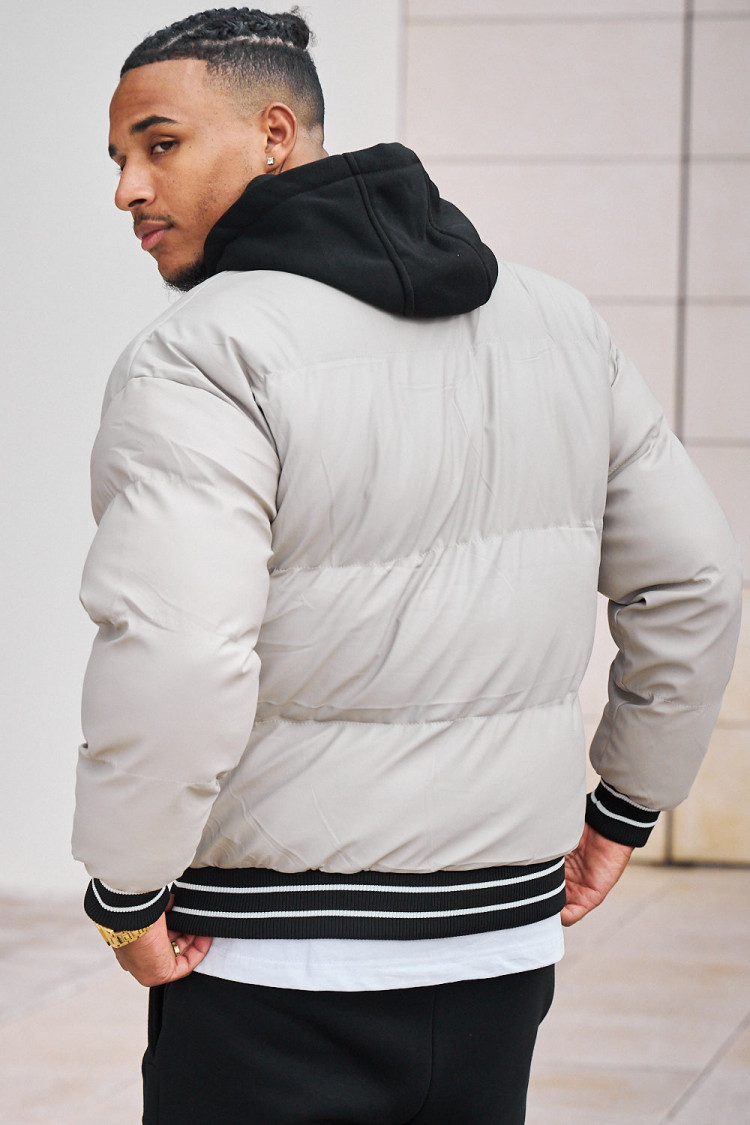 Doudoune courte bi-matière beige et noire