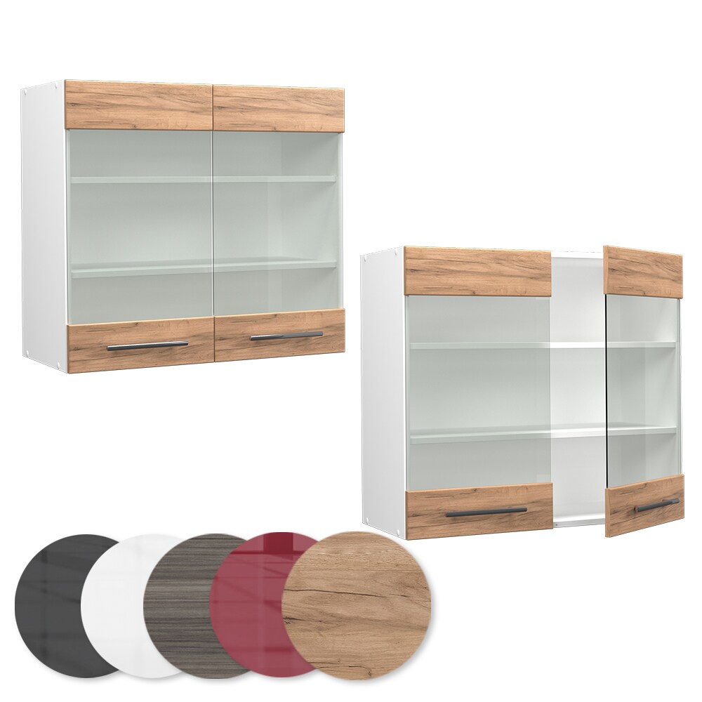 Vicco Hängeglasschrank Küchenschrank Küchenmöbel Fame-Line Weiß Eiche modern 80 cm Küche Einbauküche Hängeschrank Glasschrank Drehtür Einlegeboden Küchenzeile
