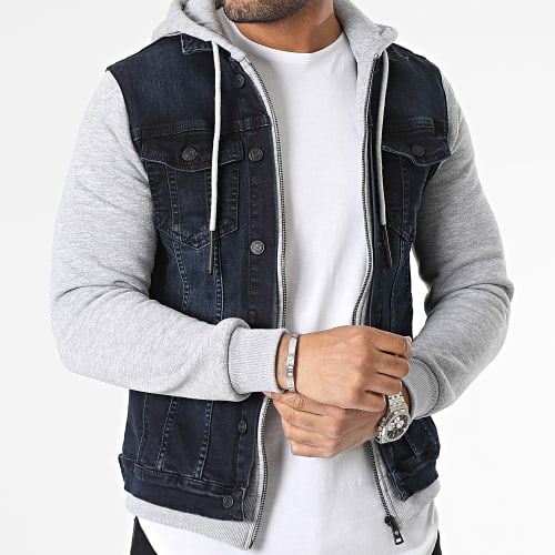 Veste Jean Capuche Bleu Brut Gris Chiné