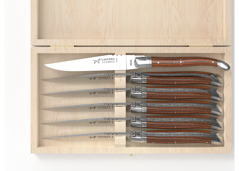 Service de 6 couteaux Laguiole avec un manche en bois de bocote et mitres en acier inoxydable