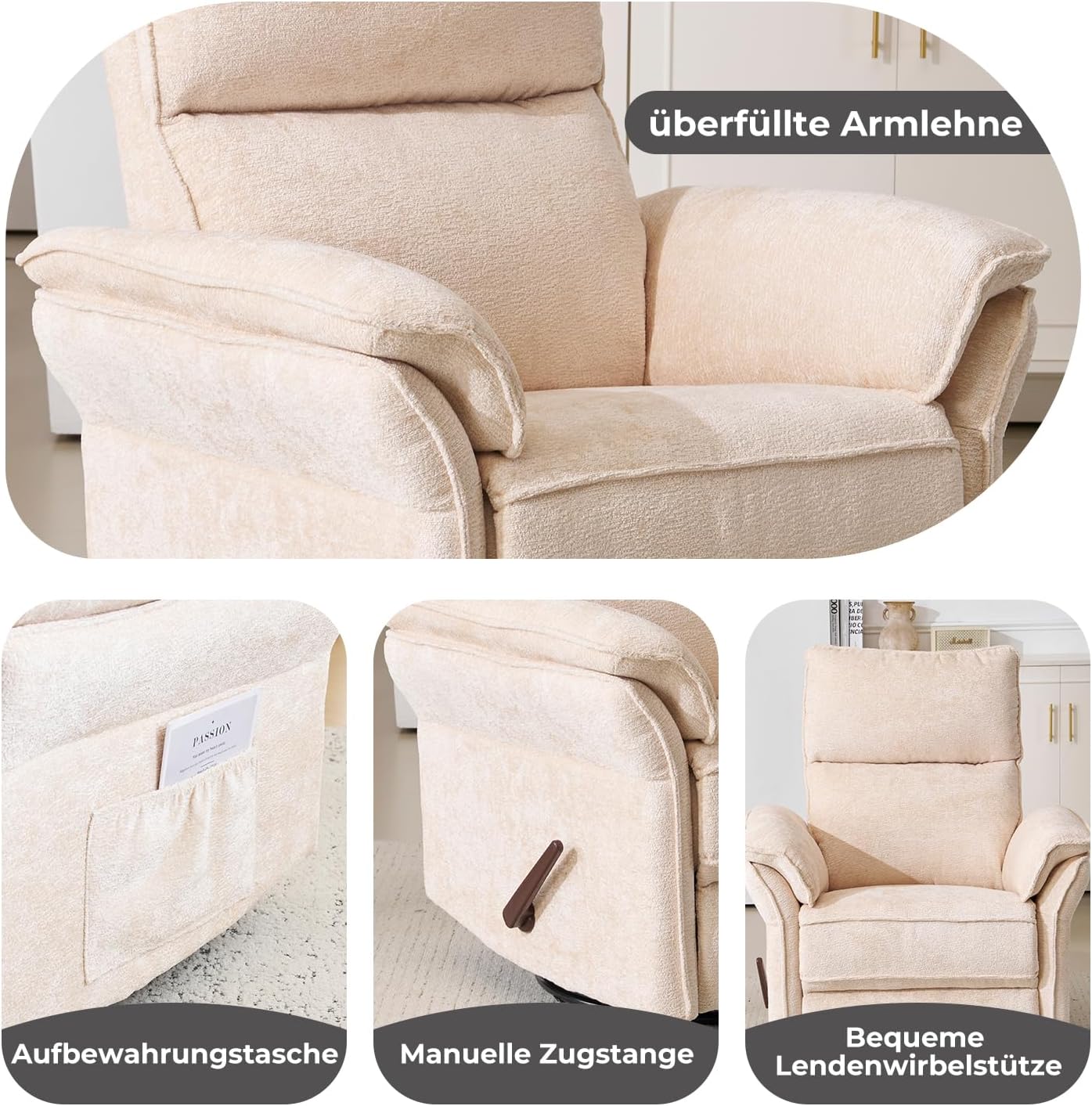 Fernsehsessel Relaxsessel mit Liegefunktion,360°Drehbarer TV Sessel Wohnzimmer, Schaukelstuhl mit Verstellbarer Kopfstütze,Dicke Rückenlehne und Armlehne,Seitentaschen,beige