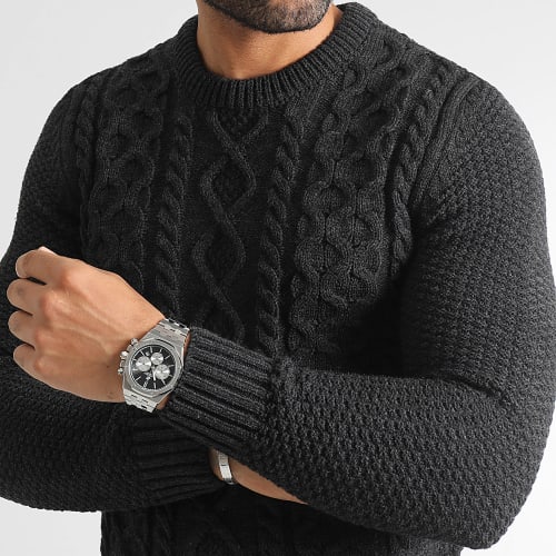 Pull Col Rond Torsades 0382 Gris Anthracite Chiné