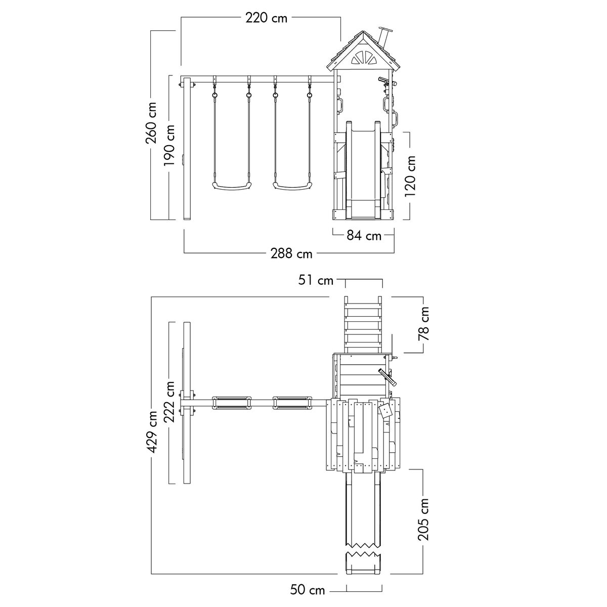 WICKEY FarmFlyer Speeltoren Klimrek met Schommel en Glijbaan, Klimtoren met Zandbak, Ladder en Speelaccessoires – Pastelblauw