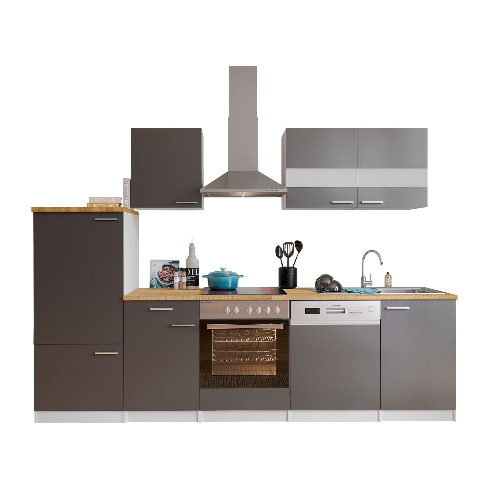 RESPEKTA Küchenblock - grau - mit E-Geräten - 280 cm