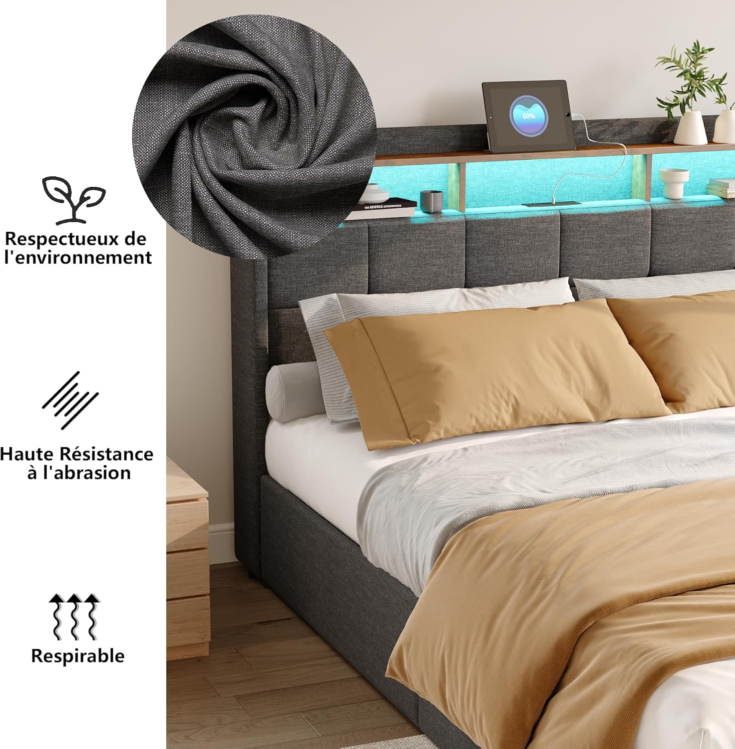 Polsterbett Doppelbett 140x200 cm, Bett 140x200 mit Bettkasten, Stauraumbett mit 4 Schubladen und Lattenrost, Staufach-Kopfteil mit LED-Beleuchtung und Ladestation(2 USB-Anschlüsse,1 Type-C),Leinen
