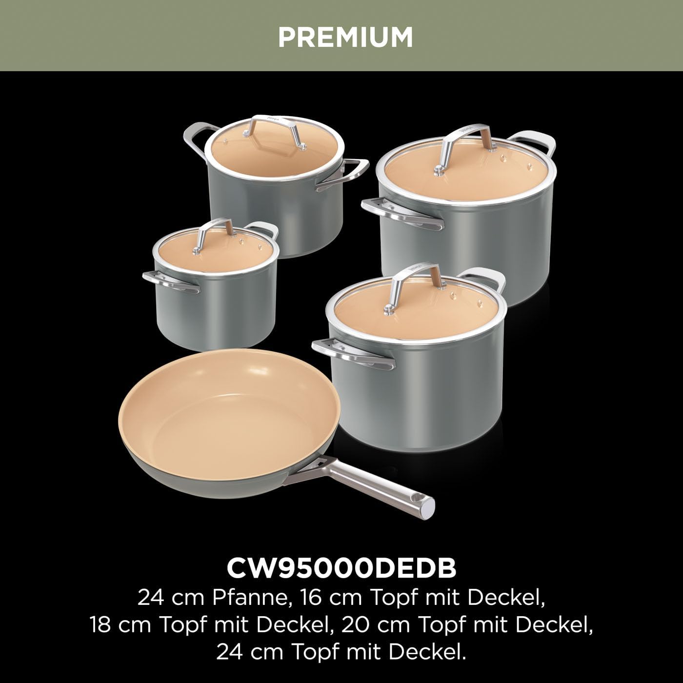 Ninja Extended Life Keramic Kochset 5-teilig (20 & 24 cm Sauteuse + 16, 18 & 20 cm Töpfe & Deckel), Antihaftbeschichtet (ohne PFAs, PFOAs, Blei, Cadmium), Backofenfest, Grau & Terracotta CW95000EUUKDB