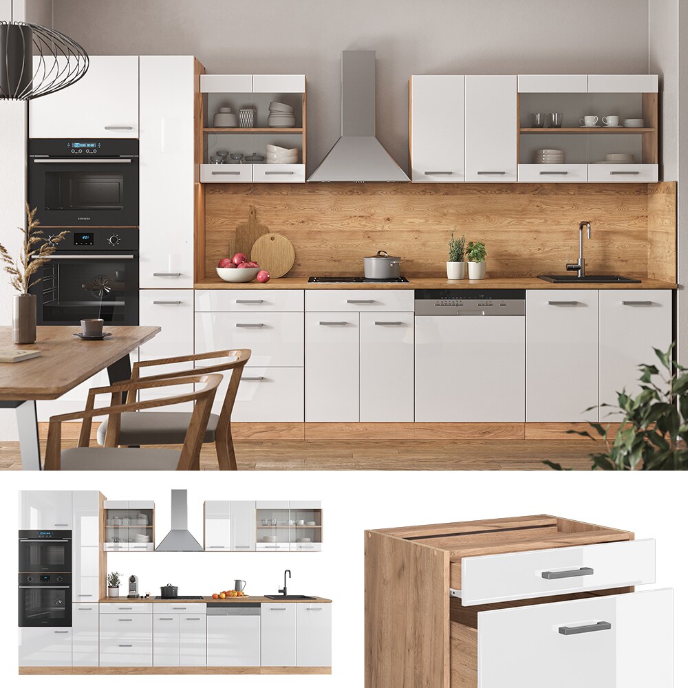 Vicco Küchenzeile Küchenblock Einbauküche R-Line 350 cm Eiche Weiß Hochglanz Küche