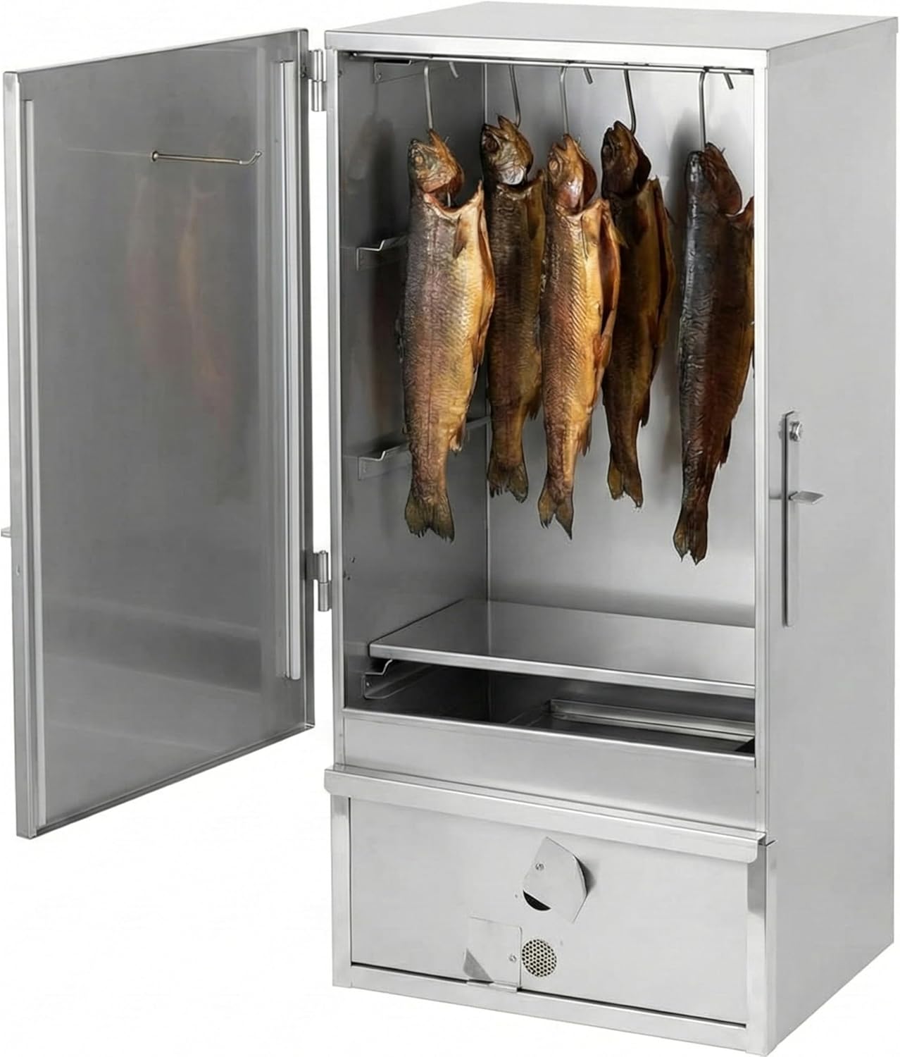 Räucherofen Edelstahl OCTO 80x40x27 cm mit 250°C Thermometer, Flachrost, Tropfblech, Räuchermehlschale & 500 g Räuchermehl – stufenlose Lüftung (Art.-Nr. 10128)