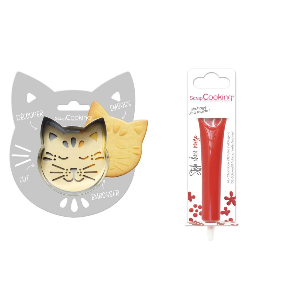 Kit pour biscuit en relief Chat + Stylo au chocolat rouge Scrapcooking