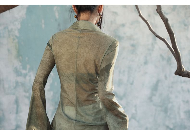 Nekomata - Blouse met lange mouwen, V-hals, kraag, vlinderprint, asymmetrische sla-rand en split