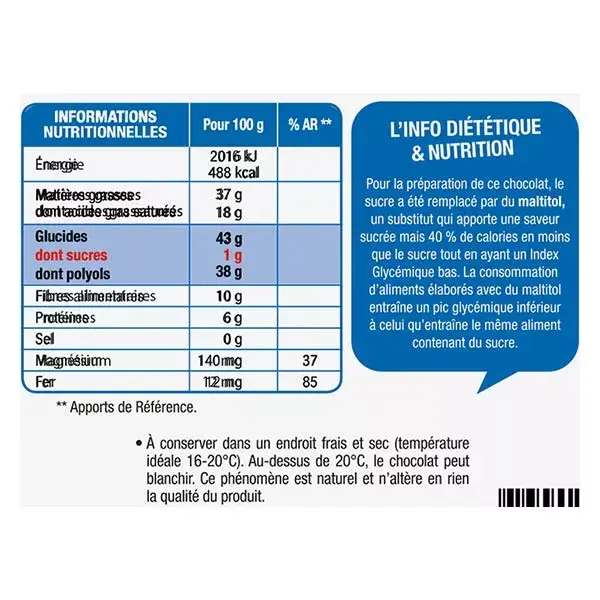 Karéléa Chocolat Sans Sucres Ajoutés Tablette Chocolat Noir Noisettes 150g
