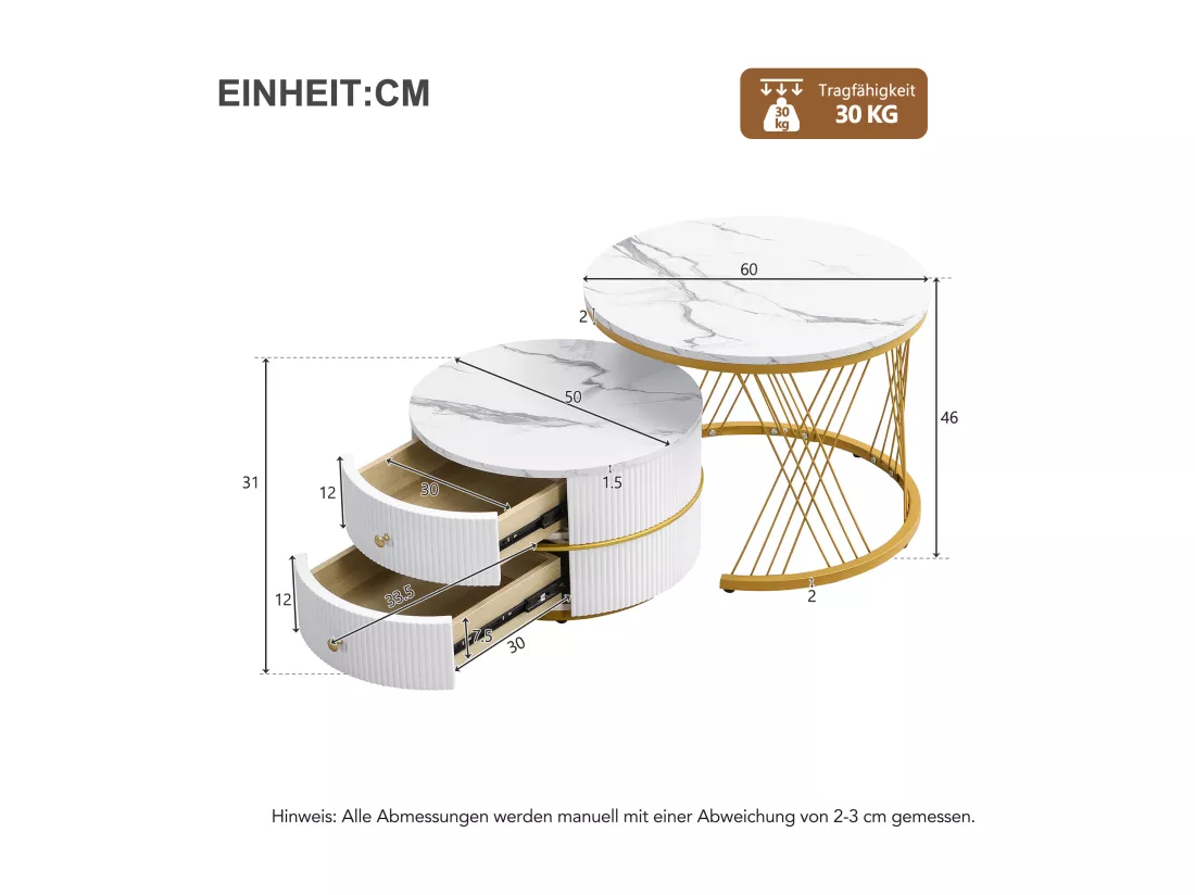 Lot de 2 tables basses gigognes rondes avec 2 tiroirs - 60x60x46cm + 50x50x30.8cm - Motif à marbre - Bois MDF et métal - Blanc + or