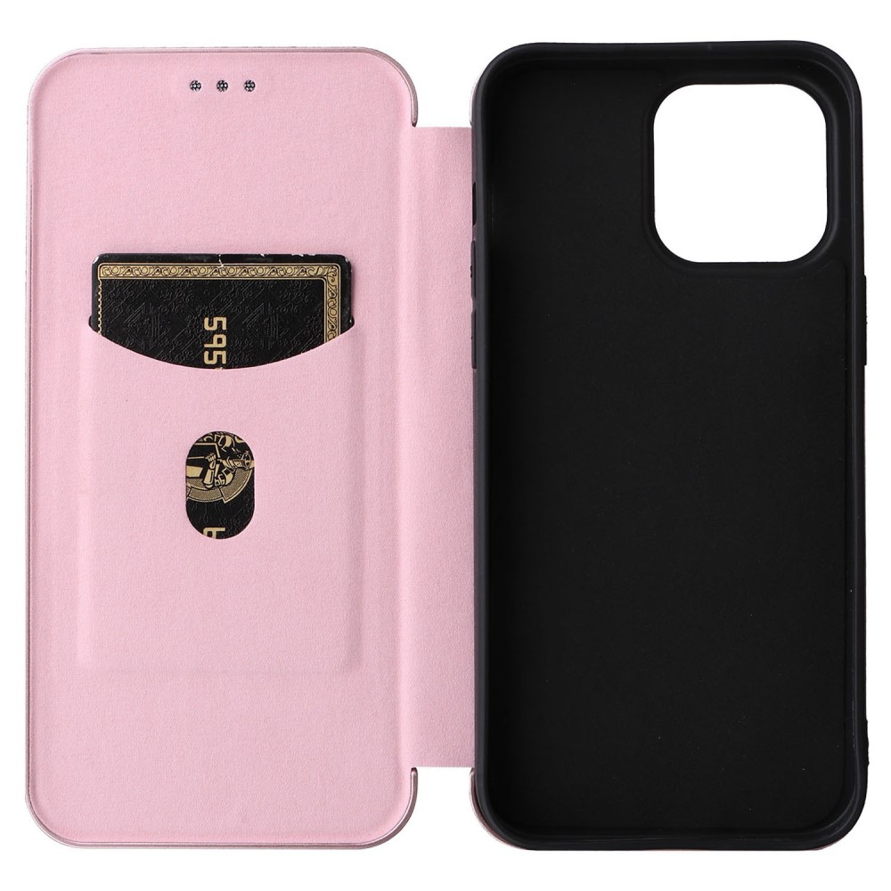 iPhone 14 Pro Leder Tasche Flip Cover Carbon Look - Roségold