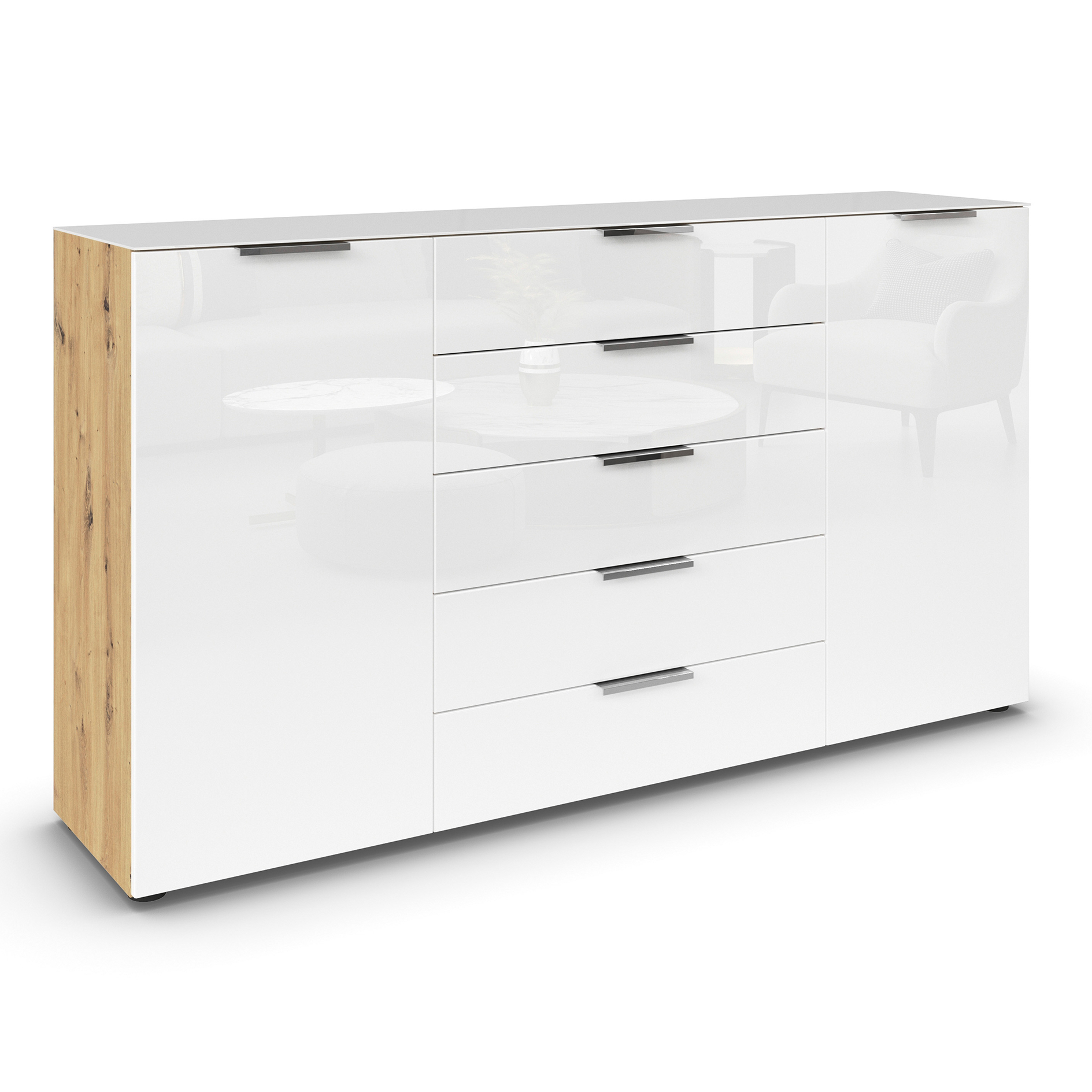Kommode - Artisan Eiche-Kristallweißglas - Chromgriffe - 180 cm