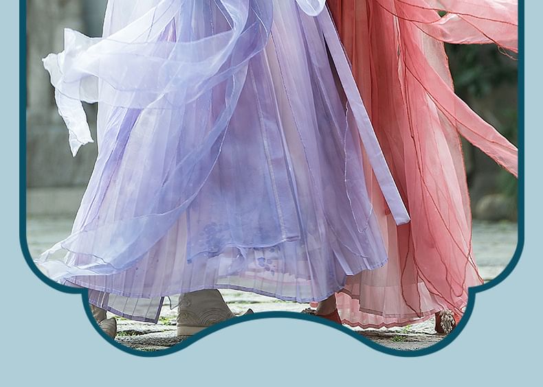 Francoix - Lange Hanfu-top met bloemenborduursel / Maxi-jurk met spaghettibandjes / Set