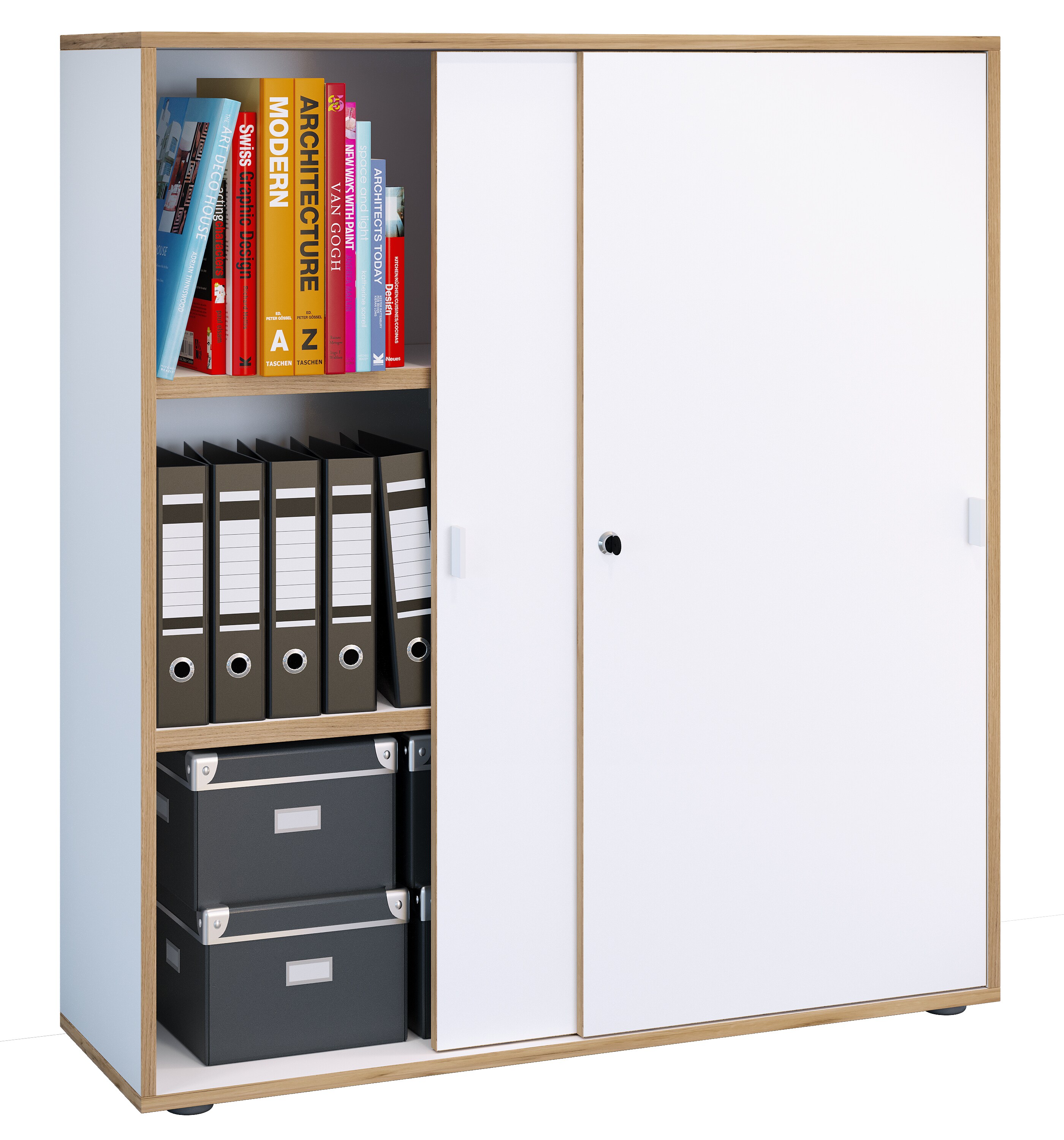 VCM Holz Büroschrank Ordner Aktenschrank Büromöbel Schrank Salia 3-fach Breite 100 cm Schiebetüren