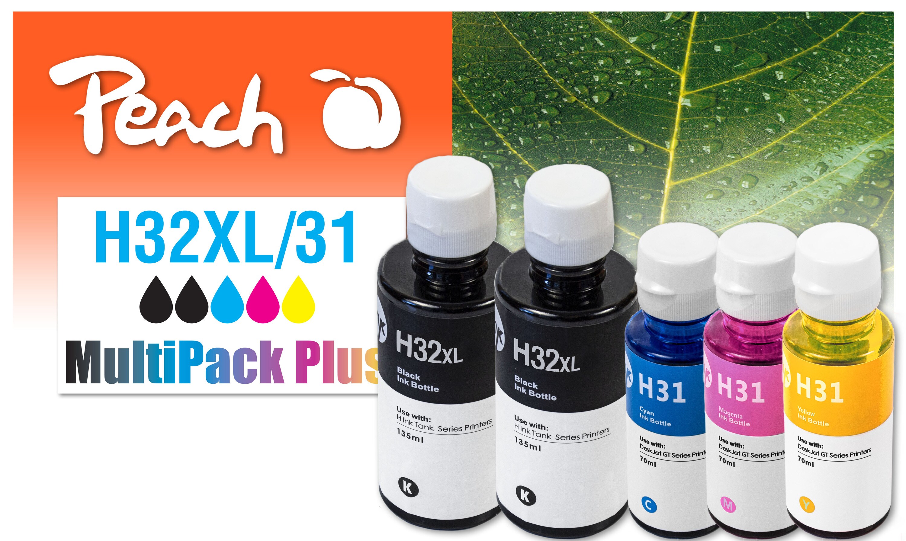 Peach HP 32 XL 5 Druckerpatronen (2*bk, c/m/y) ersetzt HP No. 32XL*2, No. 31 für z.B. HP Smart Tank 7006, HP Smart Tank Plus 550, HP Smart Tank 7000