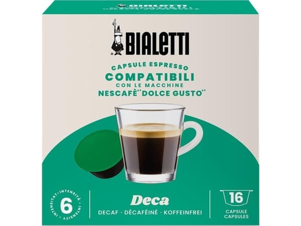 Bialetti Decaffeinato, Kaffe kapsyl, Koffeinfri kaffe, Dolce Gusto, Sort, Grønn, Nescafe Dolce Gusto, 16 stykker