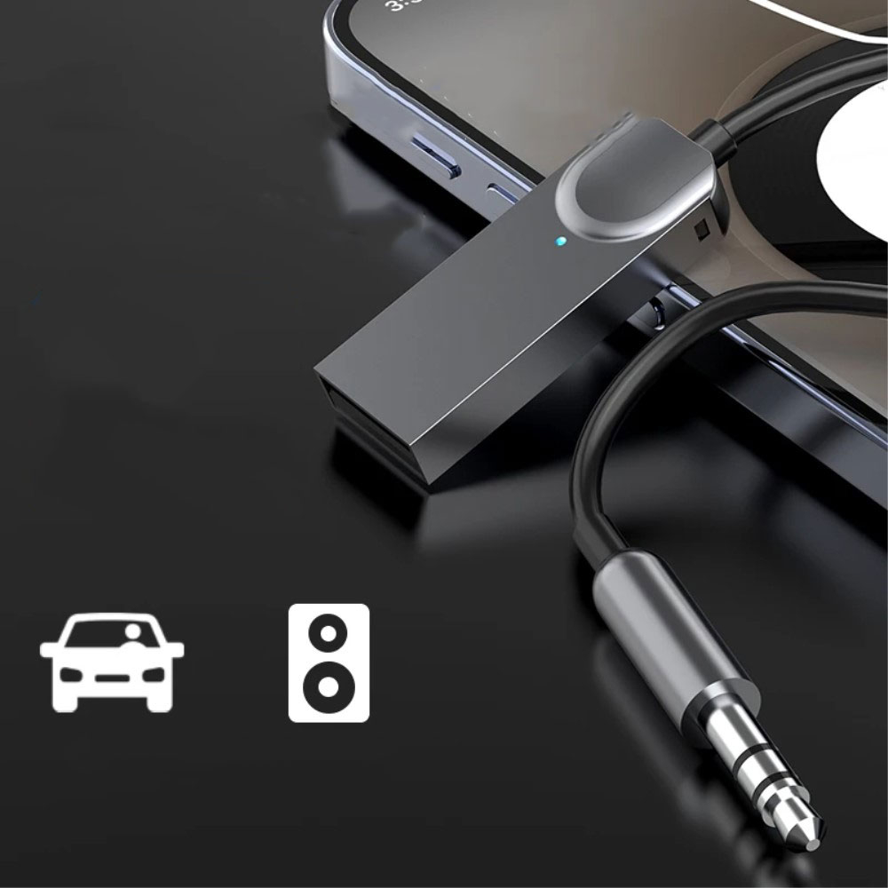 (1.2m) KFZ Bluetooth 5.1 Audio Receiver mit Freisprecheinrichtung   3.5mm Klinkeadapter Spiralkabel - Grau / Schwarz