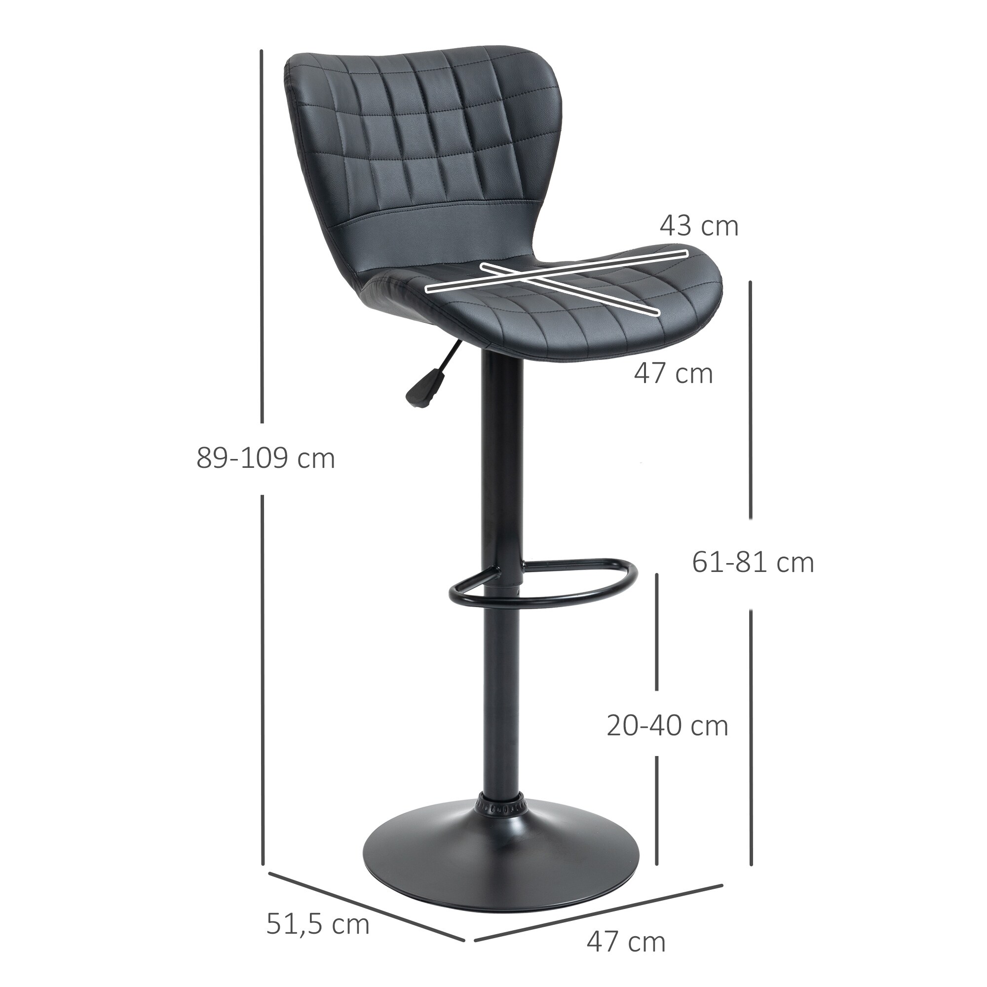 HOMCOM Barstuhl im 2er-Set schwarz 57B x 58T x 87-107H cm