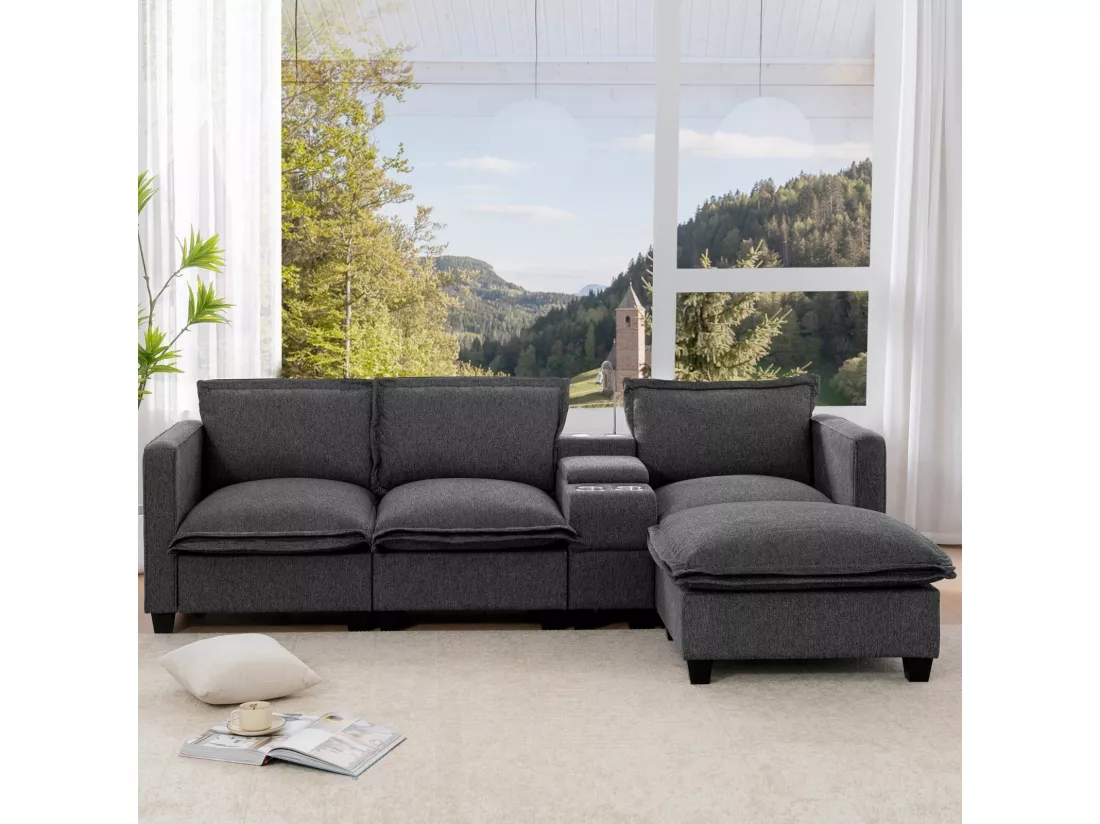 Canapé 3 places en tissu chenille avec pouf, ports USB, 2 porte-gobelets et lampe de lecture, 248x154x84cm, Gris