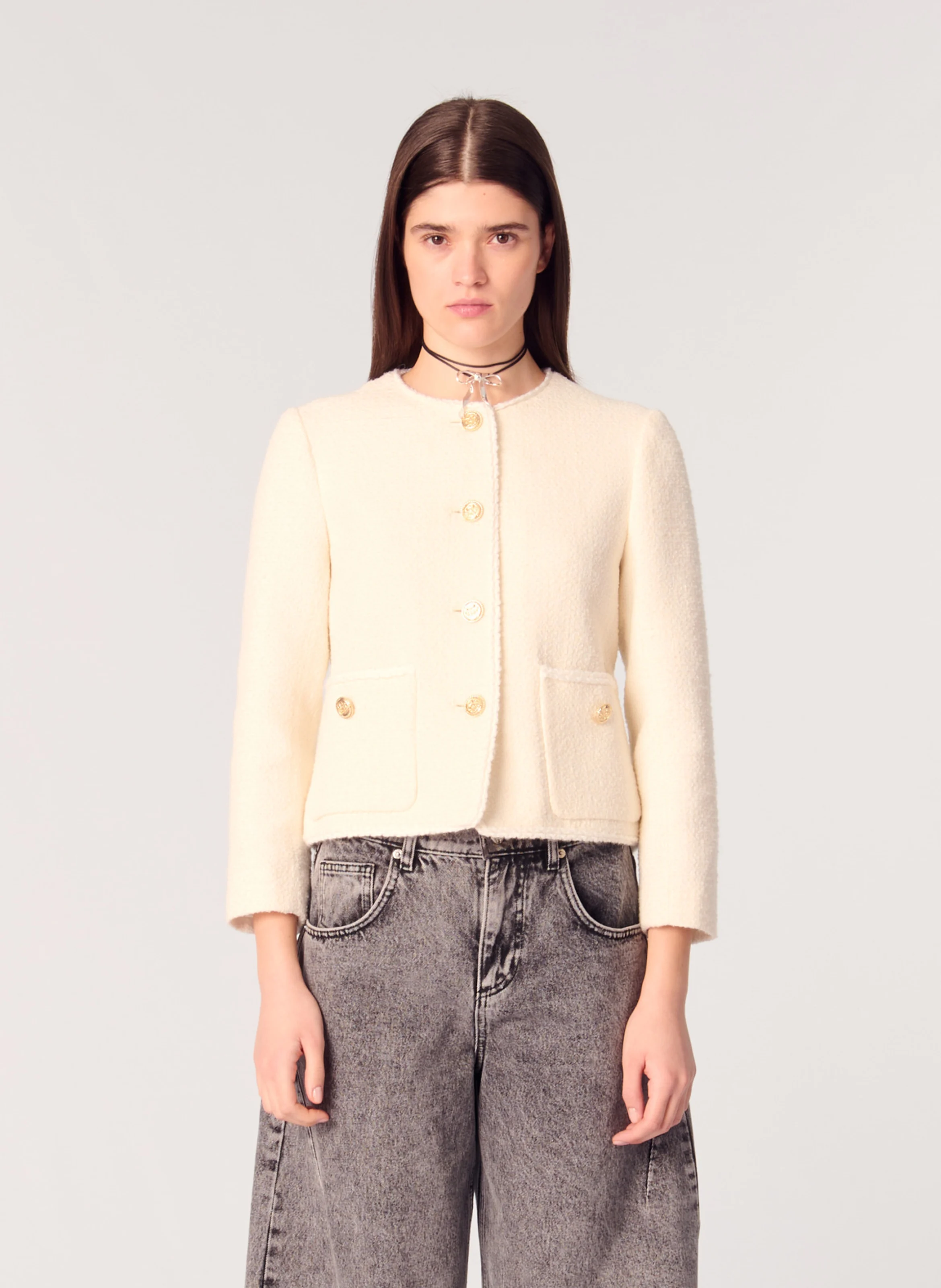 Veste col rond ceinturée| Beige