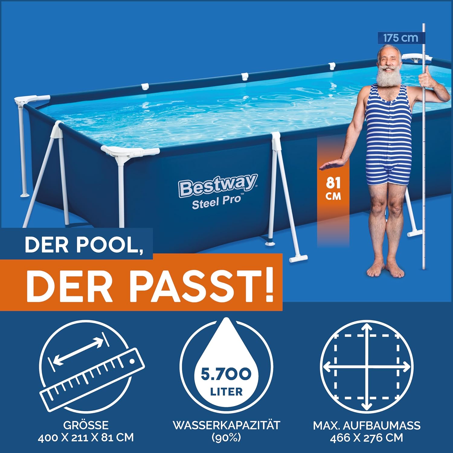 Bestway Steel Pro Frame Pool Set mit Filterpumpe 400 x 211 x 81 cm , dunkelblau, eckig