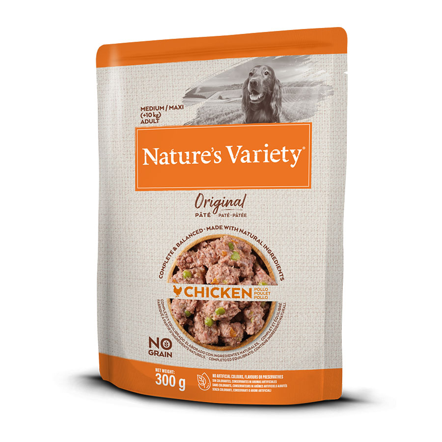 Sachê de 300 g da ração Nature's Variety Original Medium/Maxi Adult, sabor frango, para cães.