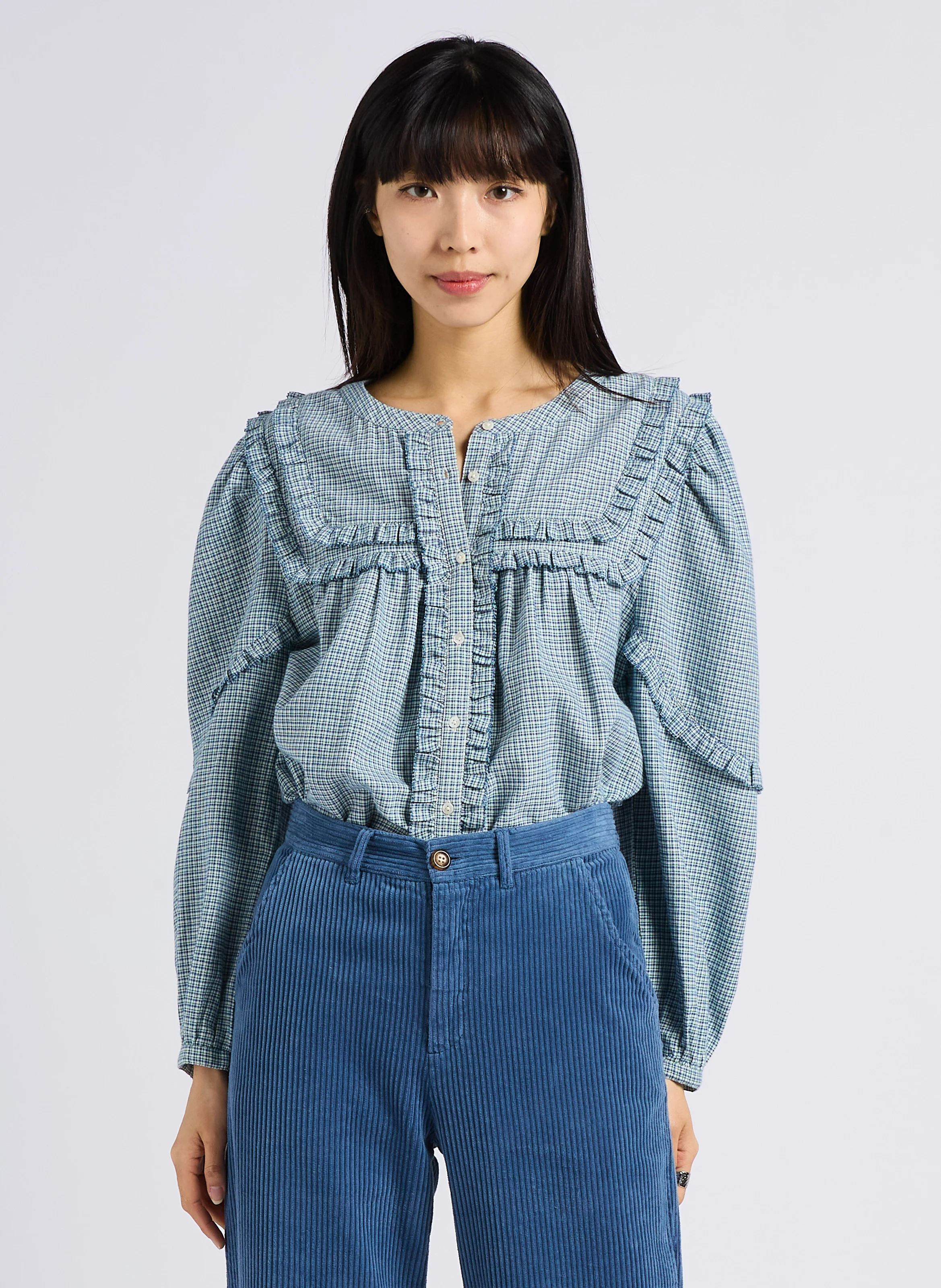 AMY - Top col rond à carreaux en coton | Bleu