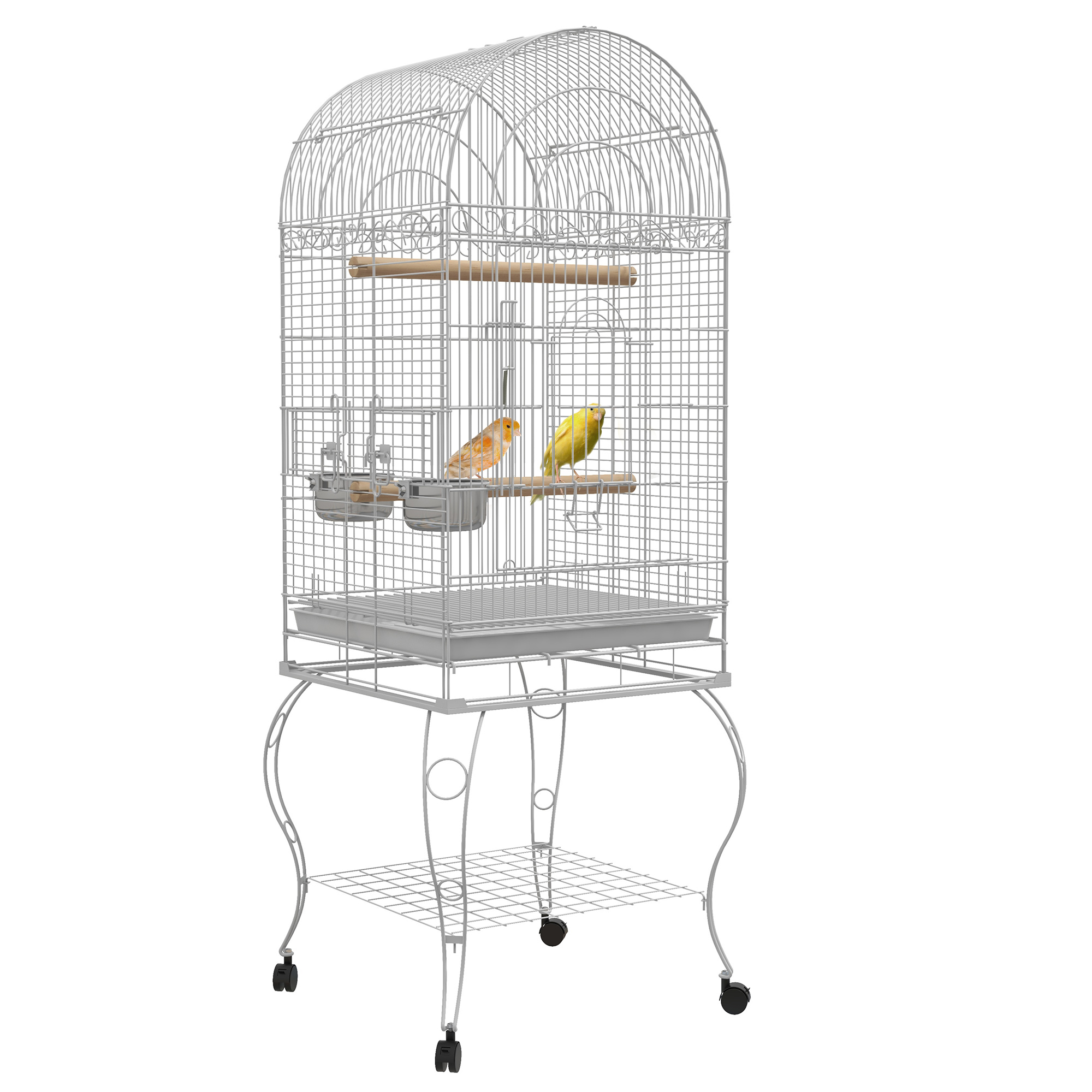 Gaiola para pássaros PawHut com rodas, gaiola externa com bandeja removível, tela de arame, 2 comedouros de aço inoxidável, prateleira e poleiro para periquitos e canários, 51x51x153 cm, branca