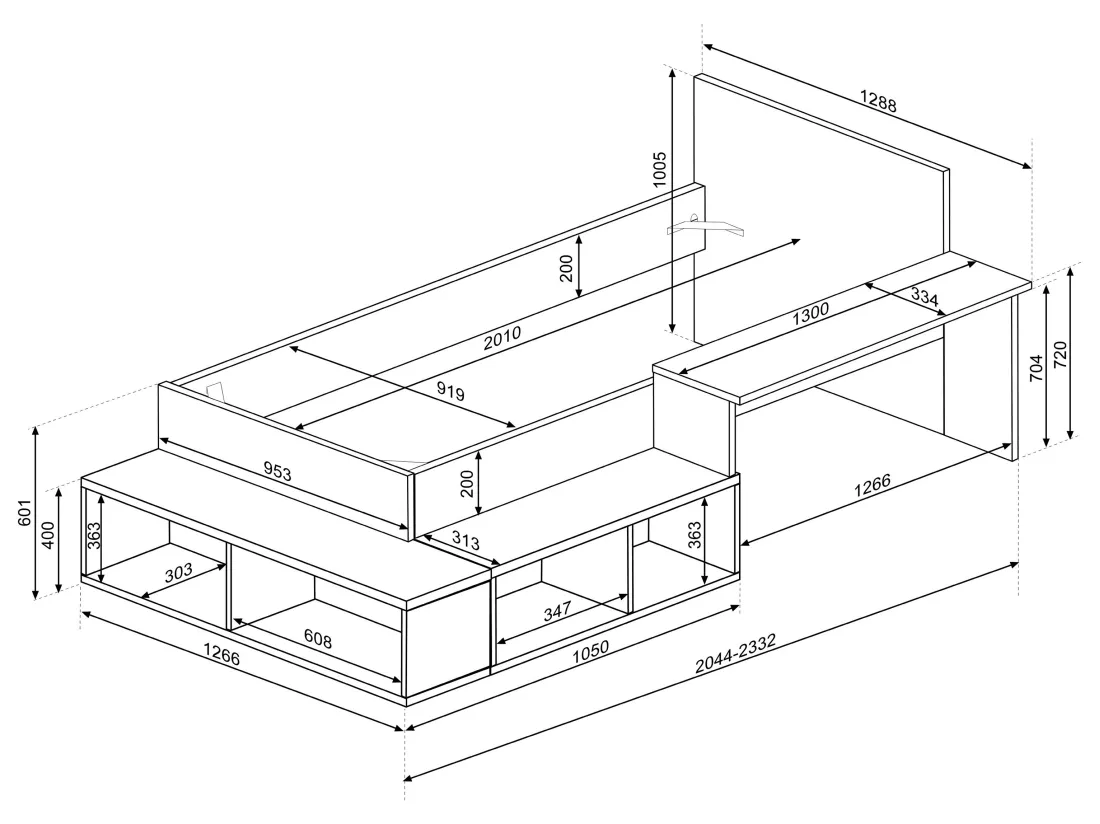 Lit combiné 90 x 200 cm avec rangements et bureau - Coloris : Naturel et anthracite + Sommier - RIGALI