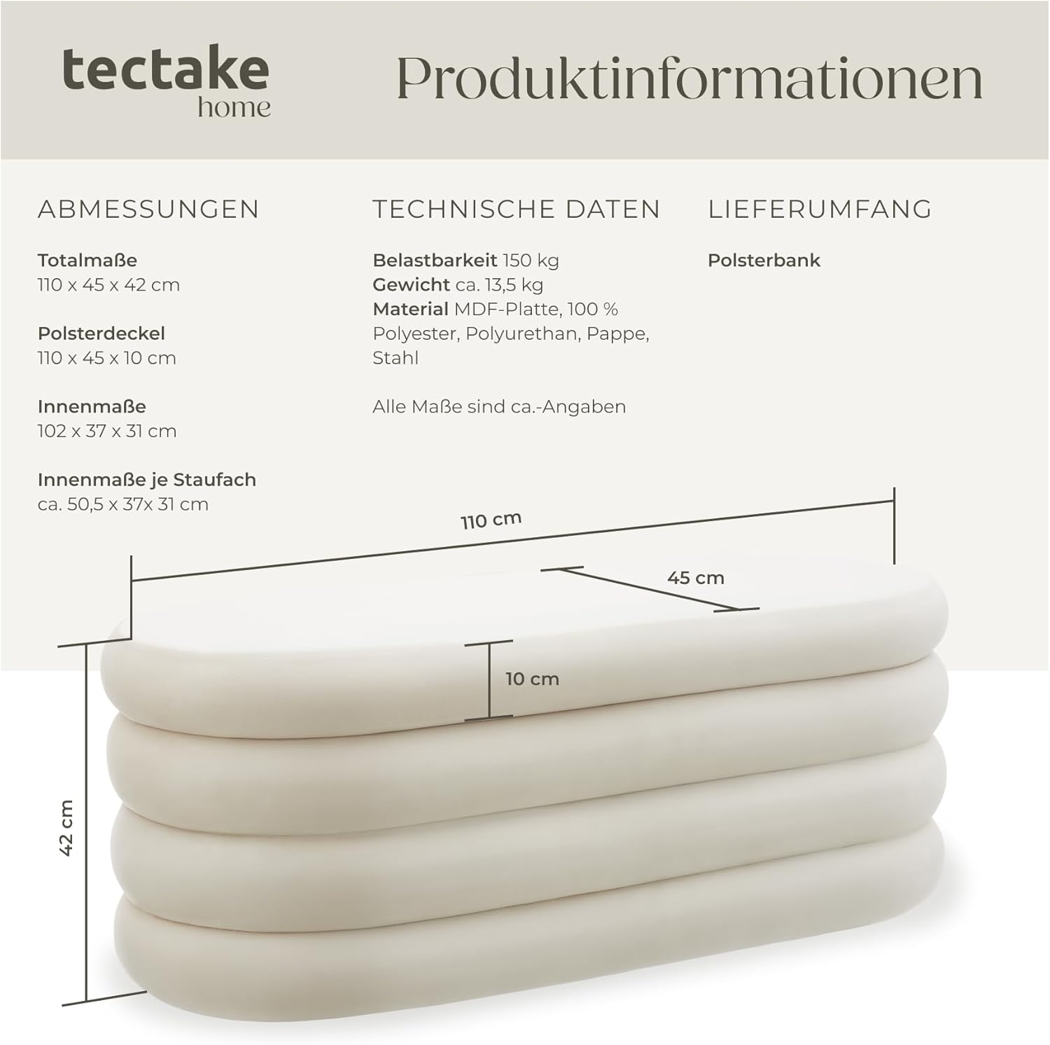 tectake® Sitzbank mit Stauraum, Sitzhocker, Hocker mit Stauraum, Pouf, Polsterhocker, Sitztruhe, Truhe mit Deckel, Truhenbank mit Stauraum, Möbel Wohnzimmer, 110 x 45 x 42 cm - Samtoptik Creme-weiß